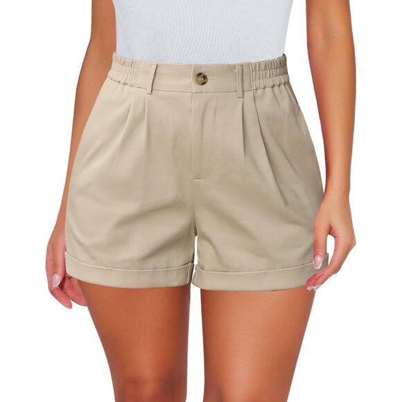 Women's Beige High Waisted Cotton Stretch Elastic Waist Pleated Summer Shorts